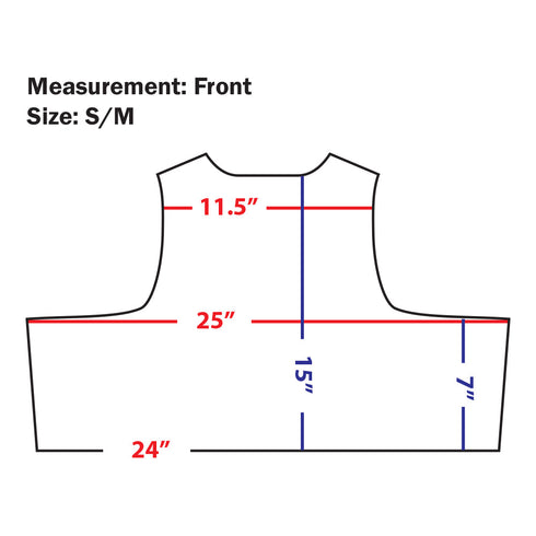 Diagram of the EXO Plate Carrier Gen II front panel by Condor, labeled with measurements: 11.5 across shoulders, 25 chest width, 24 hem width, 15 length, and 7 armhole depth, size S/M—ideal for EDC or bushcraft gear planning.